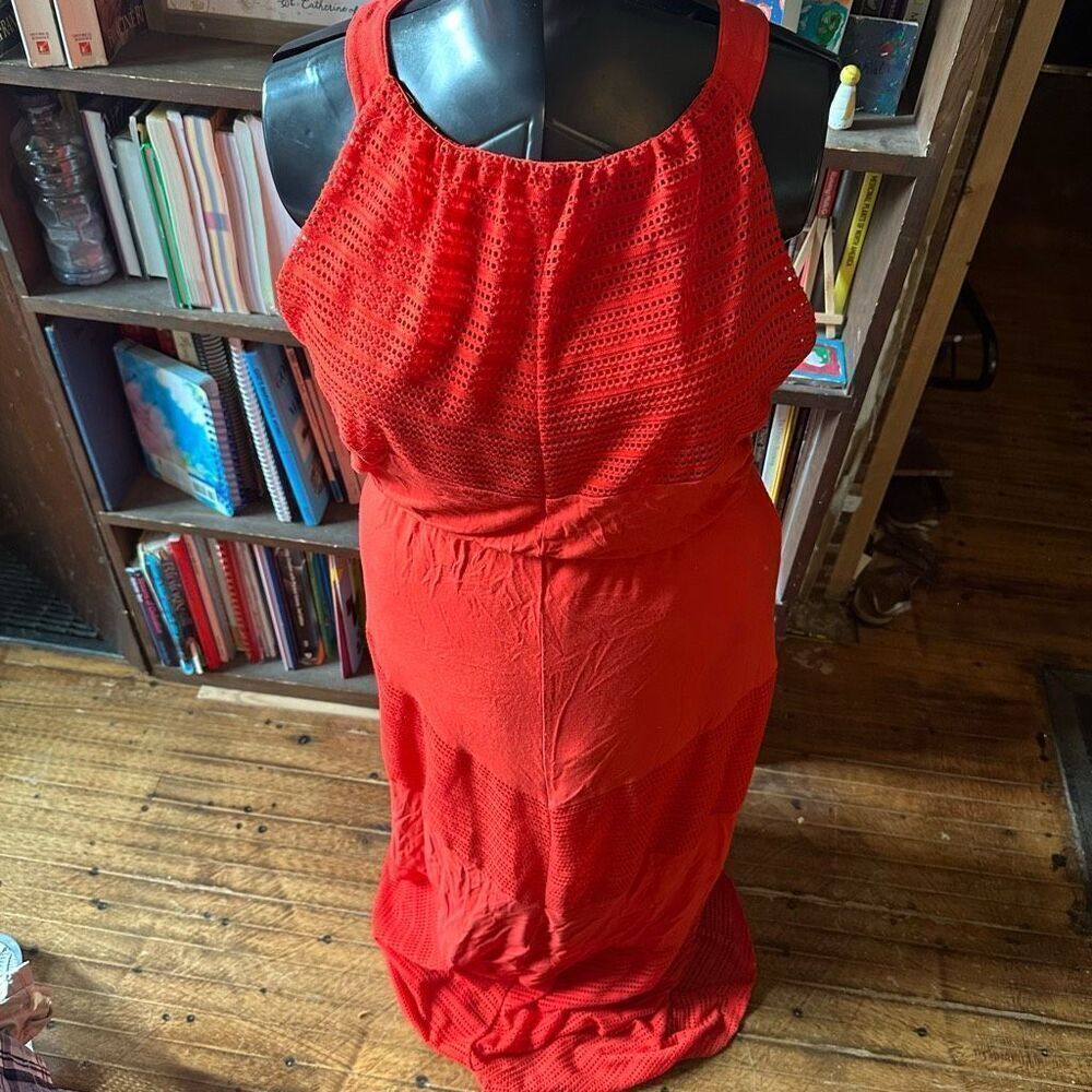Chico’s red high neck perforated flowy resort wear maxi dress